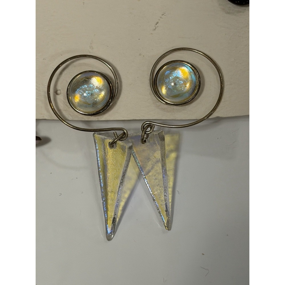 Vintage Unique Multicolor Glass Triangle Dangle Earrings Iridescent
